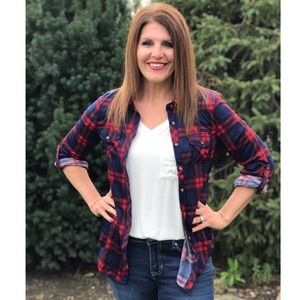 Navy & Red Plaid Button Down Top